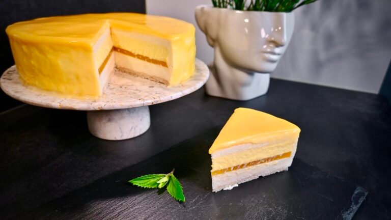 Ein Stück Mango-Maracuja-Torte mit einer glatten gelben Glasur liegt auf einer dunklen Schieferplatte. Im Hintergrund steht die restliche Torte auf einer runden Marmor-Servierplatte mit Standfuß. Ein frisches grünes Blatt liegt dekorativ neben dem Tortenstück.