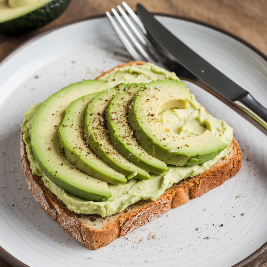 Ein Vollkornbrot-Toast mit cremiger Avocado und etwas Salz und Pfeffer