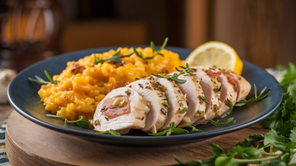 Ein Teller mit saftigem, in Kräutern mariniertem Hähnchenfilet und cremigem Kürbisrisotto, garniert mit frischen Kräutern und einer Zitronenscheibe für einen Hauch Frische.