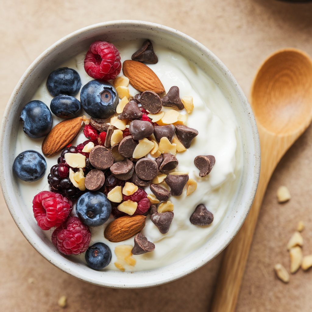 Joghurt mit Nüssen und Beeren in der Schale