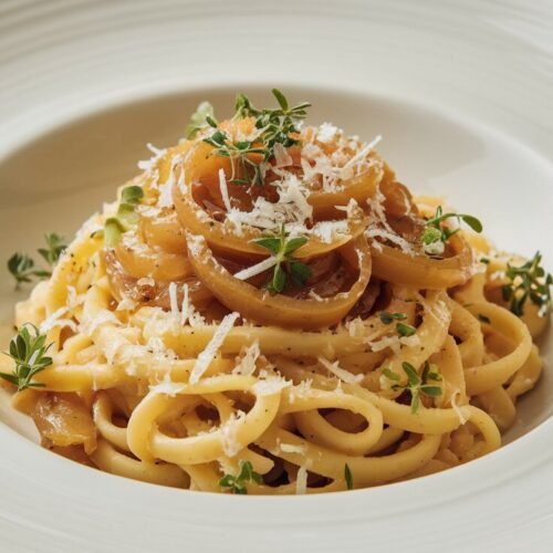 Ein eleganter Teller mit cremiger Pasta, verfeinert mit karamellisierten Zwiebeln, frischem Thymian und geriebenem Parmesan.