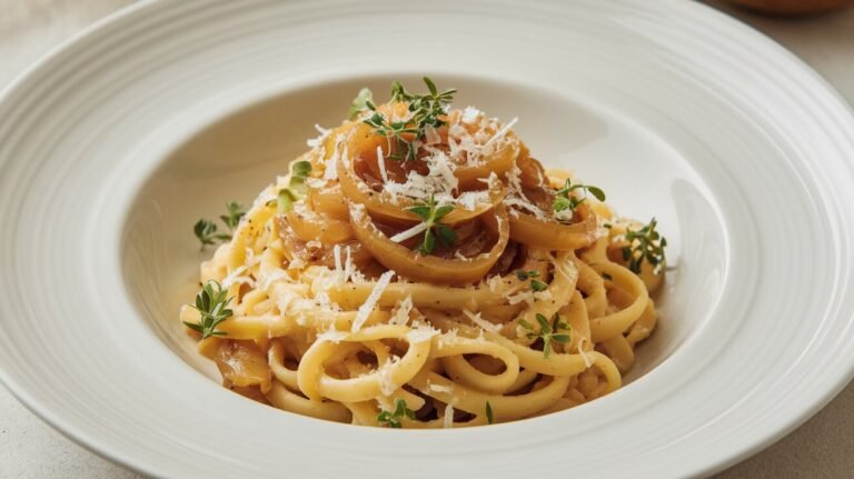 Ein eleganter Teller mit cremiger Pasta, verfeinert mit karamellisierten Zwiebeln, frischem Thymian und geriebenem Parmesan.