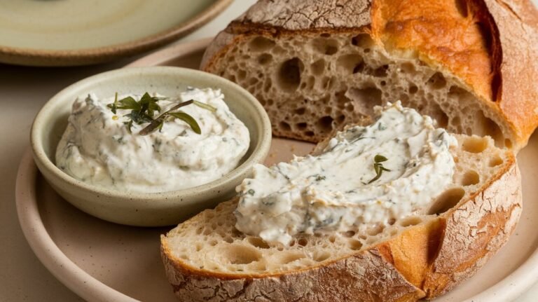 Frisches Sauerteigbrot mit knuspriger Kruste, bestrichen mit cremigem Weißfisch-Dip, serviert auf einem rustikalen Teller.