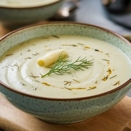 Cremige Spargelcremesuppe in einer Schale, garniert mit frischen Kräutern und serviert mit knusprigem Baguette