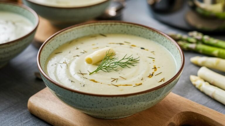 Cremige Spargelcremesuppe in einer Schale, garniert mit frischen Kräutern und serviert mit knusprigem Baguette