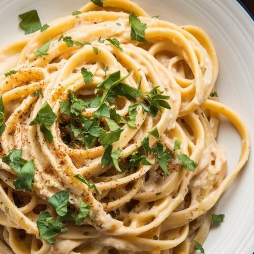 Ein Teller cremige Knoblauchpasta mit veganem Parmesan, frischen Kräutern und einem Hauch Chiliflocken, serviert auf einem weißen Teller.