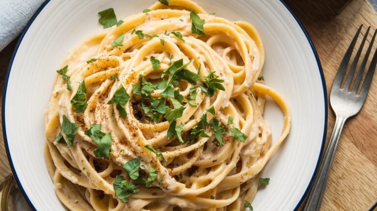 Ein Teller cremige Knoblauchpasta mit veganem Parmesan, frischen Kräutern und einem Hauch Chiliflocken, serviert auf einem weißen Teller.